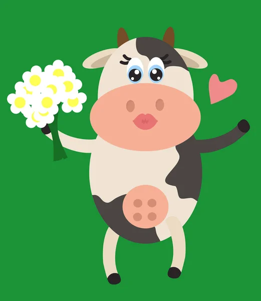 Vaca Alegre Con Ramo Flores Sobre Fondo Blanco Ilustración Vectorial — Foto de Stock