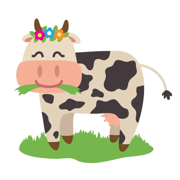 Vaca Alegre Con Flores Sobre Fondo Blanco Ilustración Vectorial — Foto de Stock
