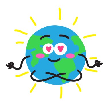 Dünya gezegeni lotus pozisyonunda meditasyon yapmakta. Vektör çizimi.