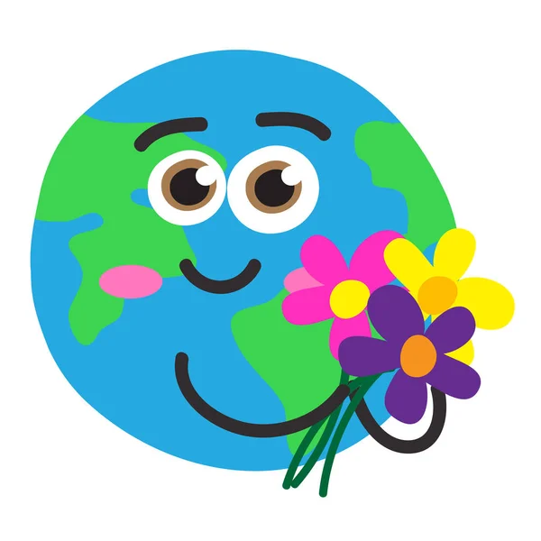 Planète Terre Tient Bouquet Fleurs Sur Fond Blanc Jour Terre — Image vectorielle