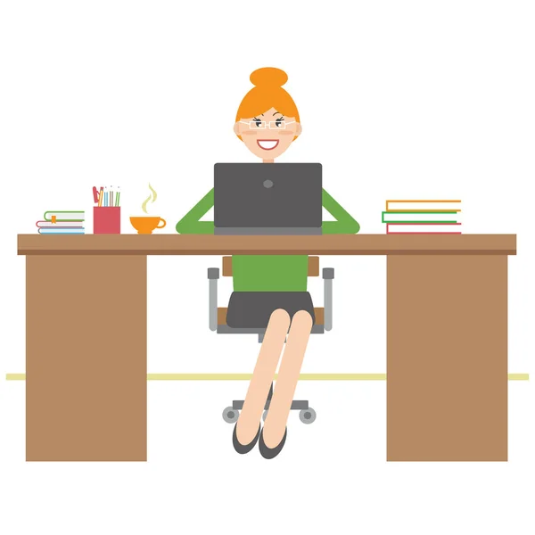 Une Jeune Femme Est Assise Dans Bureau Près Ordinateur Illustration — Image vectorielle