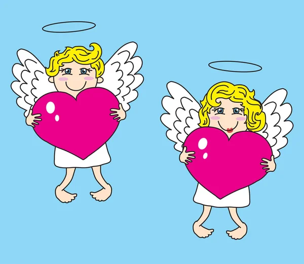 Δύο Άγγελοι Κρατούν Καρδιές Μπλε Φόντο Απεικόνιση Διανυσματικών Φορέων — Διανυσματικό Αρχείο
