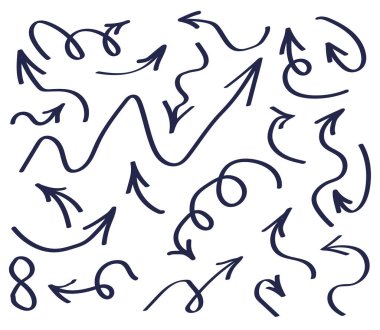 Beyaz bir arka plan üzerinde çeşitli kama şeklinde oklar koleksiyonu. Vektör çizimi.