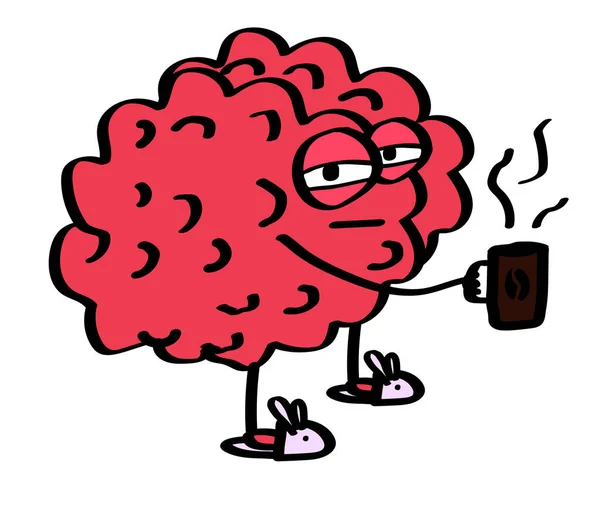 Das Gehirn Hält Eine Tasse Kaffee Auf Weißem Hintergrund Karikatur — Stockvektor