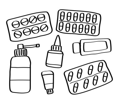 Beyaz arka planda ilaçlar. Koleksiyon. Vektör çizimi.