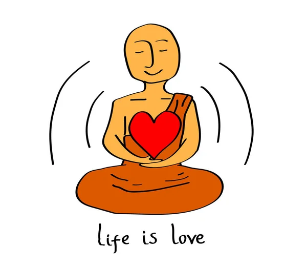 Mutlu Budist Keşişin Bir Kalbi Vardır Vektör Çizimi — Stok Vektör