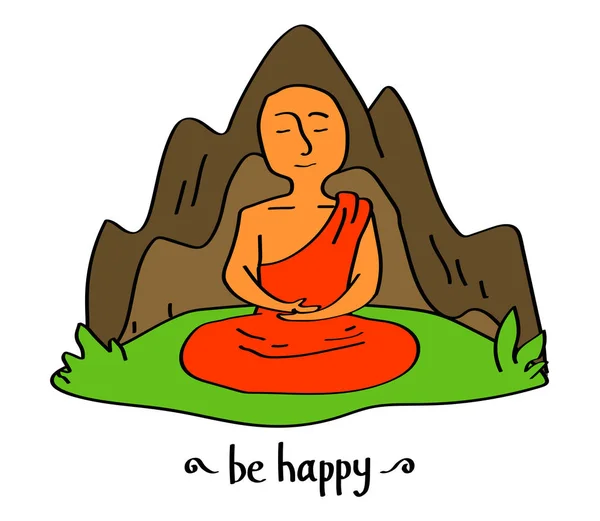 幸せな仏教僧が山で瞑想している ベクトルイラスト — ストックベクタ
