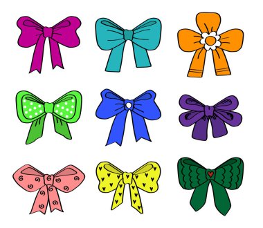 Beyaz bir arka plan üzerinde çeşitli yay koleksiyonu. Vektör çizimi.