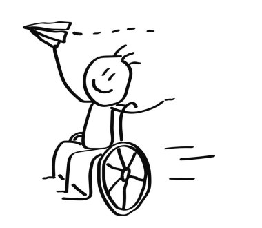Tekerlekli sandalyedeki bir çocuk kağıt uçak çalar. Vektör çizimi.
