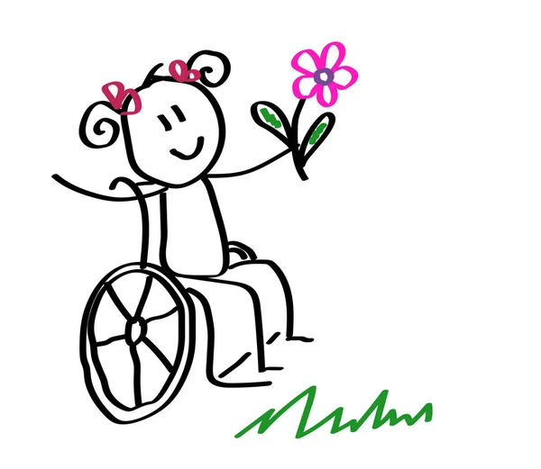 Enfant Heureux Dans Fauteuil Roulant Tient Une Fleur Illustration Vectorielle — Image vectorielle