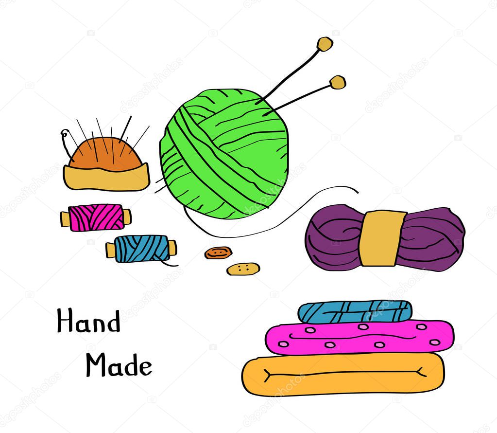 Sewing threads and a ball of thread for knitting on a white background. Set for needlework. Vector illustration. 