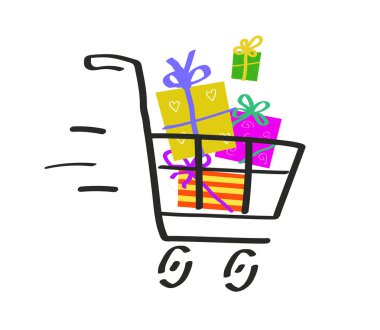 Süpermarket arabası ve beyaz bir arka plan üzerinde hediyeler. Vektör çizimi.