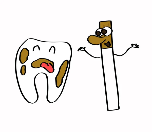 牙齿和一支白色背景上的香烟 矢量插图 — 图库矢量图片
