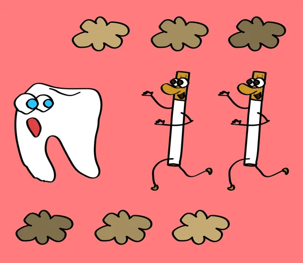 牙齿从粉红色背景上的香烟中跑出来 矢量插图 — 图库矢量图片