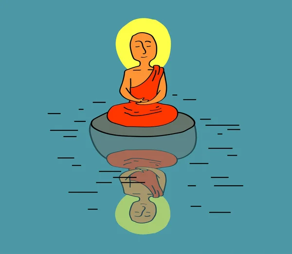 Buddhist Monk Sits Stone Water Illustration — ストック写真