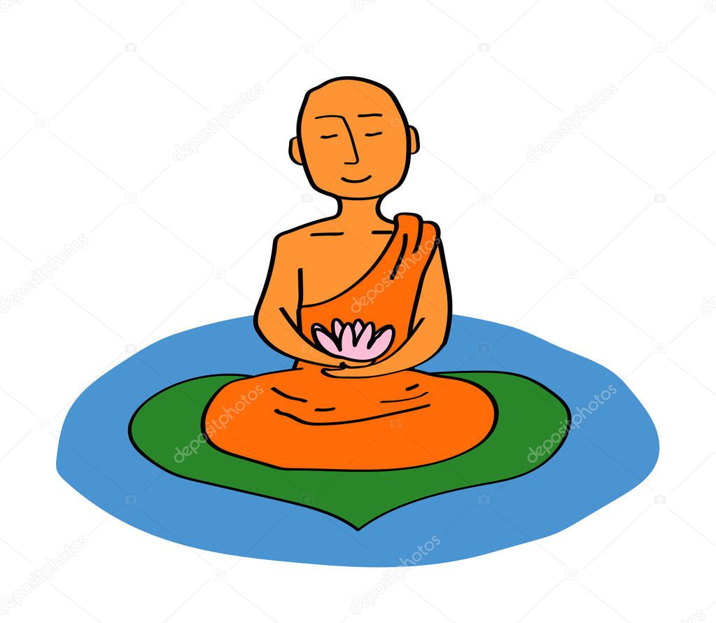 Buddhist monk with a lotus in his hands meditates on the lake. Vector illustration.