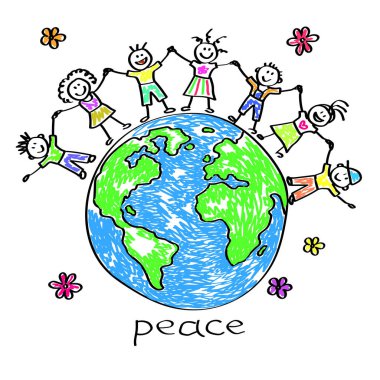 Dünya gezegenindeki mutlu çocuklar. Vektör illüstrasyonu.