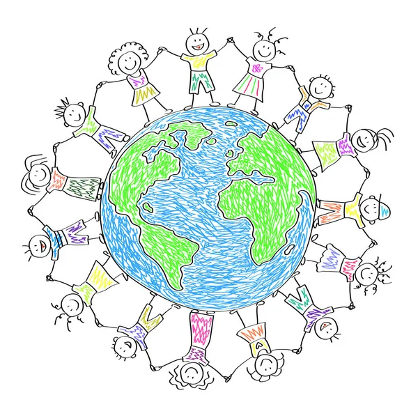 Des Enfants Heureux Autour Planète Terre Dessin Enfants Illustration Vectorielle — Image vectorielle