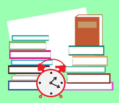 Yeşil arka planda bir yığın kitap ve bir saat. Vektör illüstrasyonu.