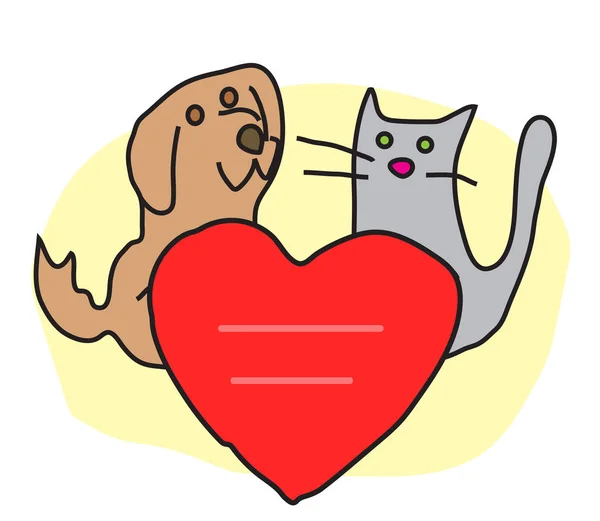 猫と犬は大きな心を持っています イラスト — ストックベクタ