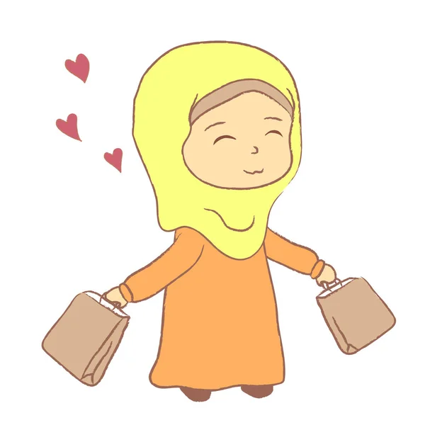 Muslim Gadis Dengan Pembelian Latar Belakang Putih Kartun Ilustrasi — Stok Foto