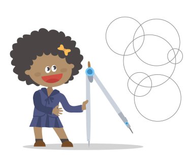 Beyaz arka planda küçük bir kız ve pusula. Çember olun. Vektör illüstrasyonu.