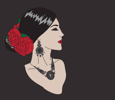 Saçında kırmızı güller ve mücevherlerle güzel bir kadın. Görüntü.