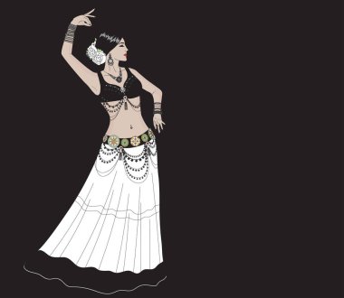 Mücevher ve beyaz etekli bir kadın dans ediyor. Dans Kabilesi. Görüntü.