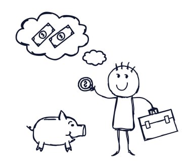 Man and savings on a white background. Sketch. Vector illustration.