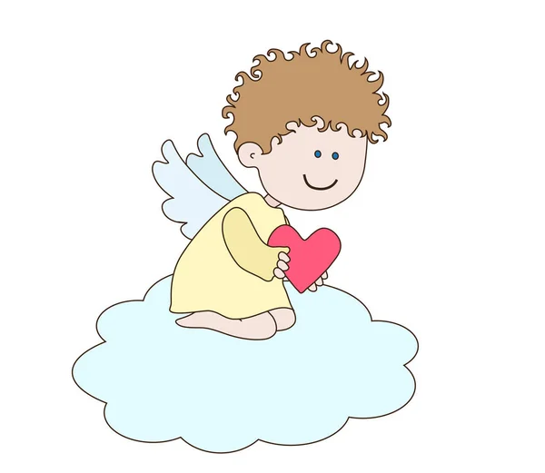小さな天使が雲の上に座り 心を抱いています ベクターイラスト — ストックベクタ