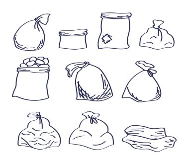 Beyaz arka planda bez çanta. Tahsilat. Vektör illüstrasyonu.