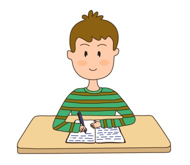 Adam masanın üzerine bir defter yazıyor. Vektör illüstrasyonu.