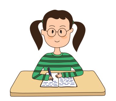 Kız masaya oturur ve bir deftere yazar. Vektör çizimi.