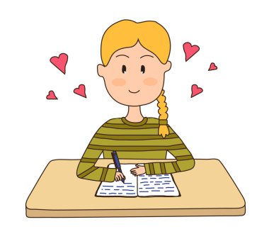 Bir adam masada otururken bir deftere yazar. Vektör illüstrasyonu.