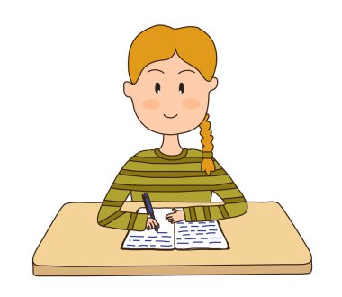 Şirin bir kız masaya oturur ve bir deftere yazar. Vektör çizimi.