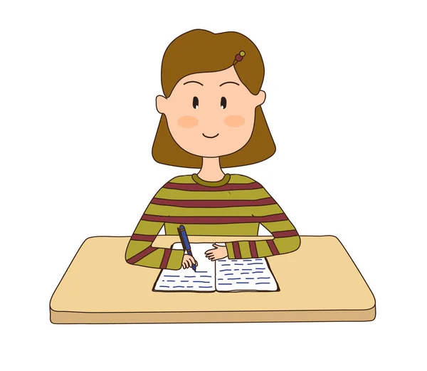 Das Mädchen Sitzt Tisch Und Schreibt Ein Notizbuch Vektorzeichnung — Stockvektor
