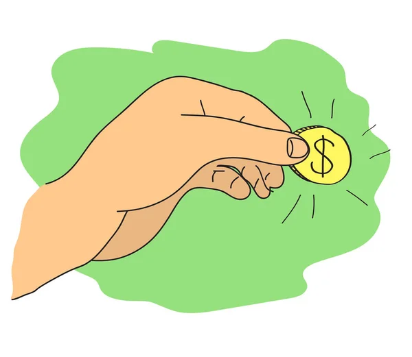 Монета Руке Зеленом Фоне Мультфильм Векторная Иллюстрация — стоковый вектор