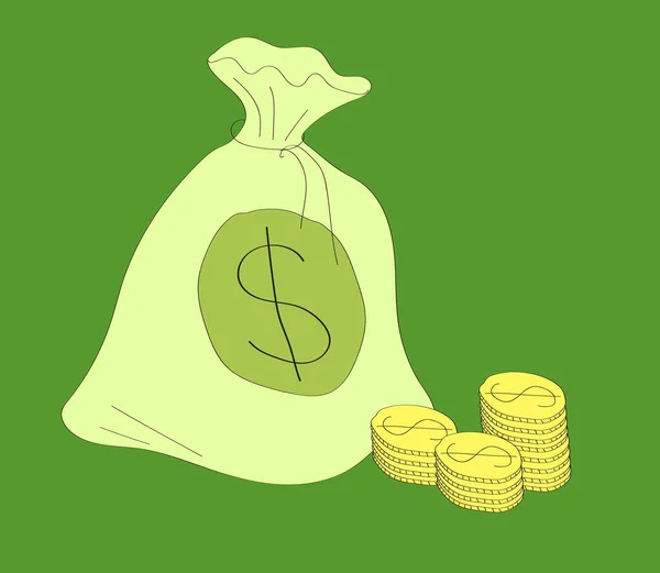Сумка Деньгами Монеты Зеленом Фоне Символ Векторная Иллюстрация — стоковый вектор