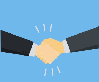 Mavi arka planda el sıkışma. Çizgi film. Vektör illüstrasyonu.