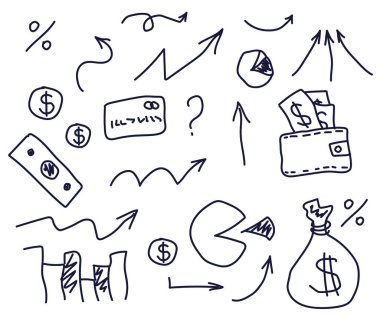 Beyaz arka planda eller tarafından çizilmiş iş simgeleri. Vektör illüstrasyonu.