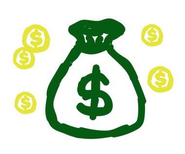 Beyaz arka planda para çantası ve madeni paralar. Robot resim. Vektör illüstrasyonu.