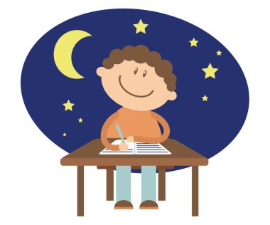 Bir adam masaya oturur ve hayal kurar. Çizgi film. Vektör illüstrasyonu.