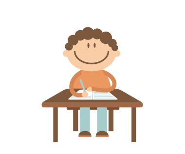 Okul çocuğu masaya oturur ve bir deftere yazar. Vektör illüstrasyonu.