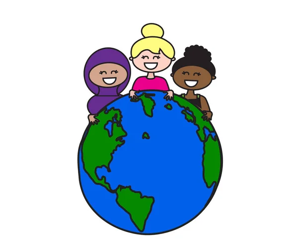 Planet Earth Various Women White Background Cartoon Vector Illustration — Stock Vector