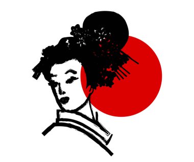 Beyaz arka planda Japon bir kadının yüzü. Vektör illüstrasyonu.