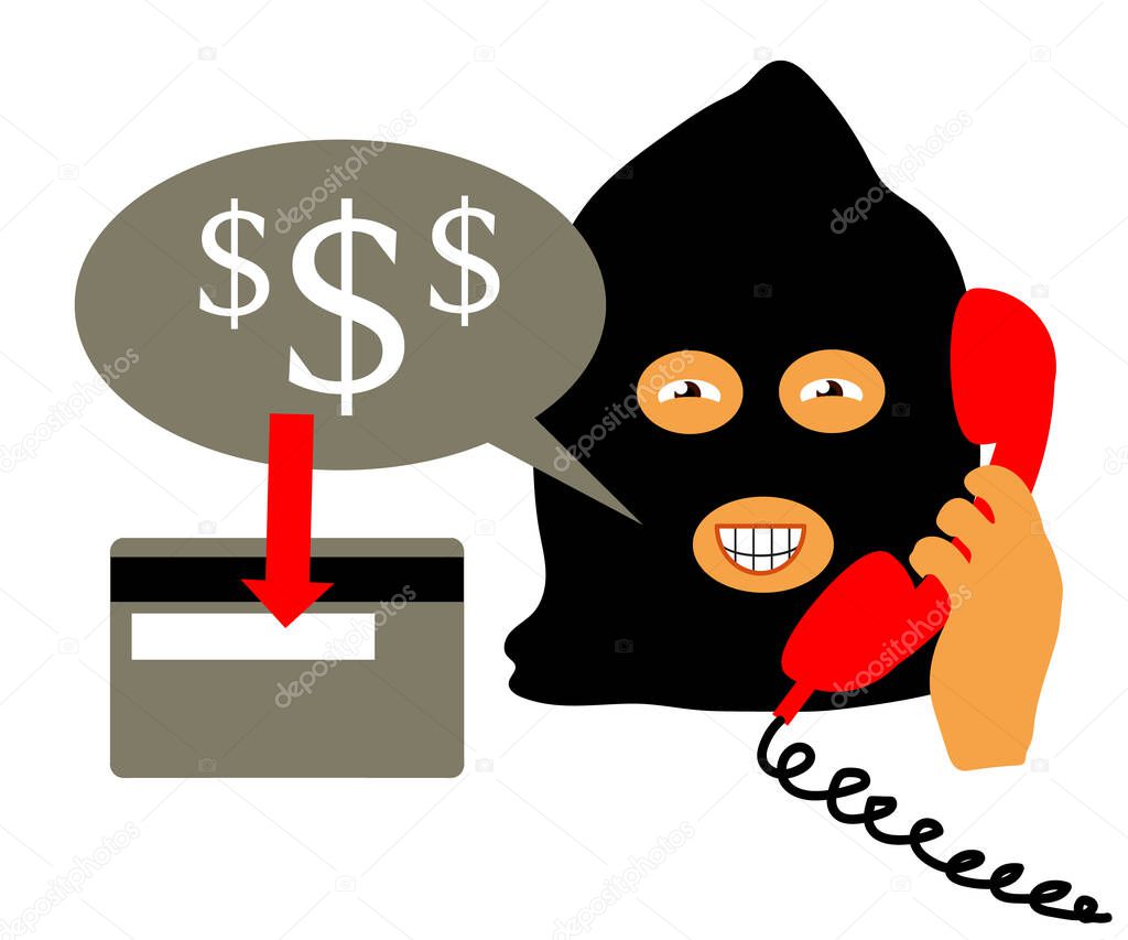 Fraudster and bank card. Cartoon. Vector illustration.