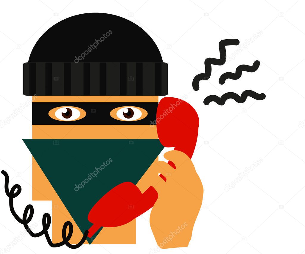 Fraudster is calling on the phone on a white background. Cartoon. Vector