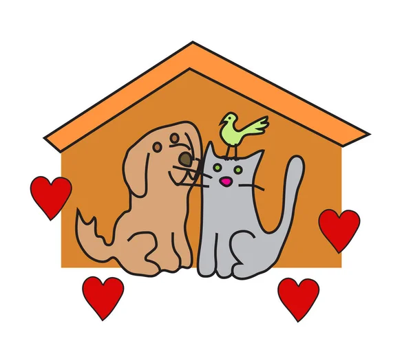 Dog Cat Bird Bask Roof Animal Shelter Vector Illustration — Stock Vector