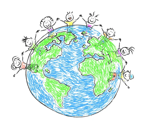 Bambini Pianeta Terra Sfondo Bianco Cartone Animato Illustrazione Vettoriale — Vettoriale Stock