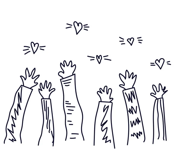 Crowd Raised Hands Hearts Sketch Vector Illustration — Stock Vector